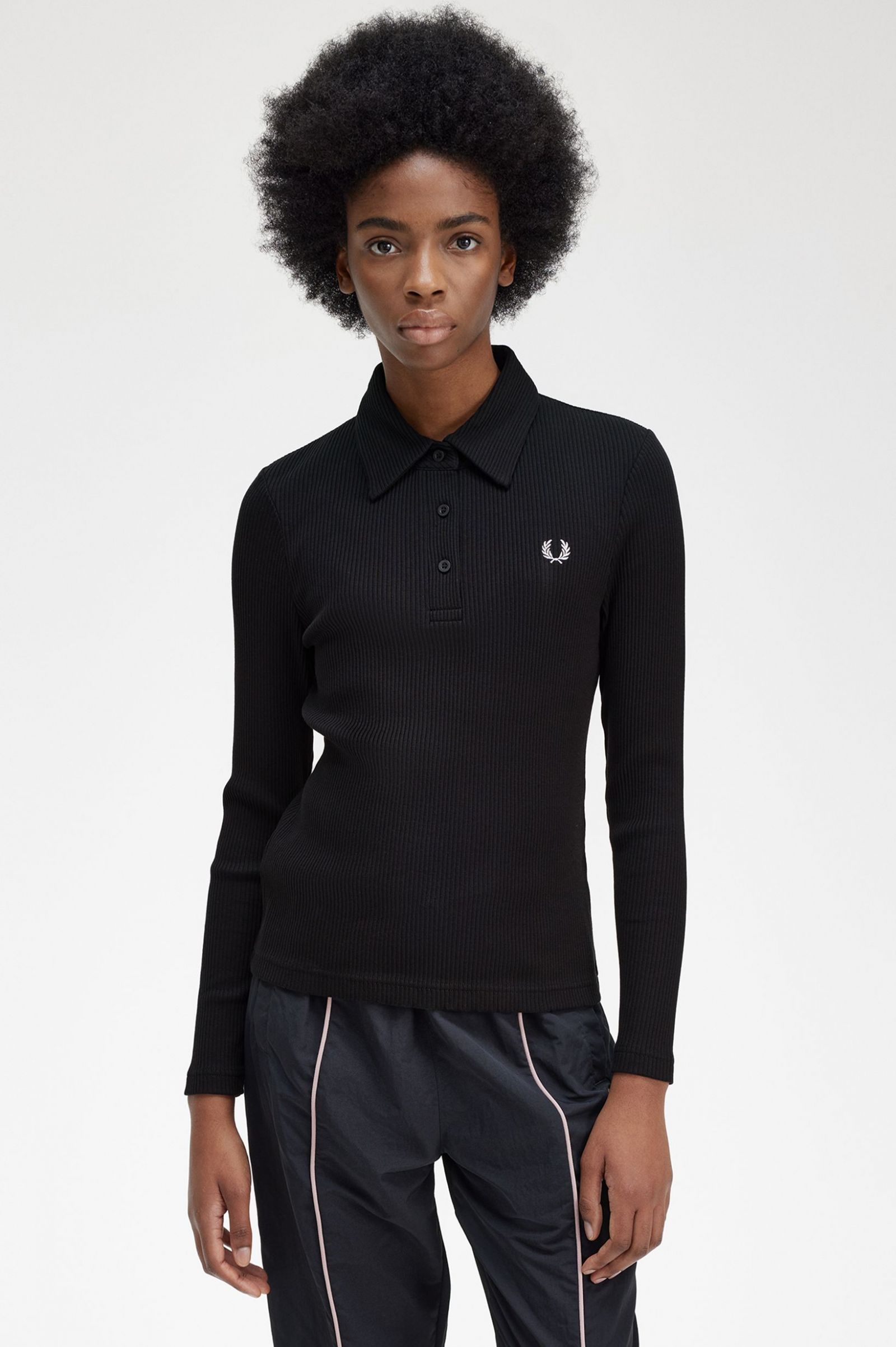 Long Sleeve Ribbed Polo Shirt Black 7039402