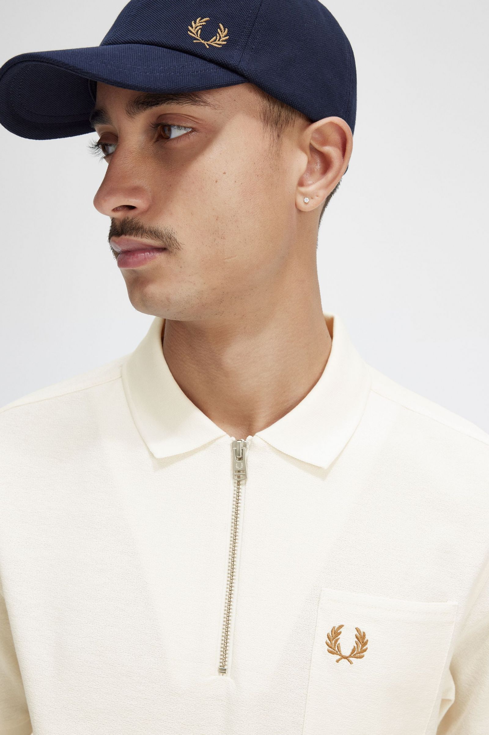 Textured Zip Neck Polo Shirt Ecru 7038565