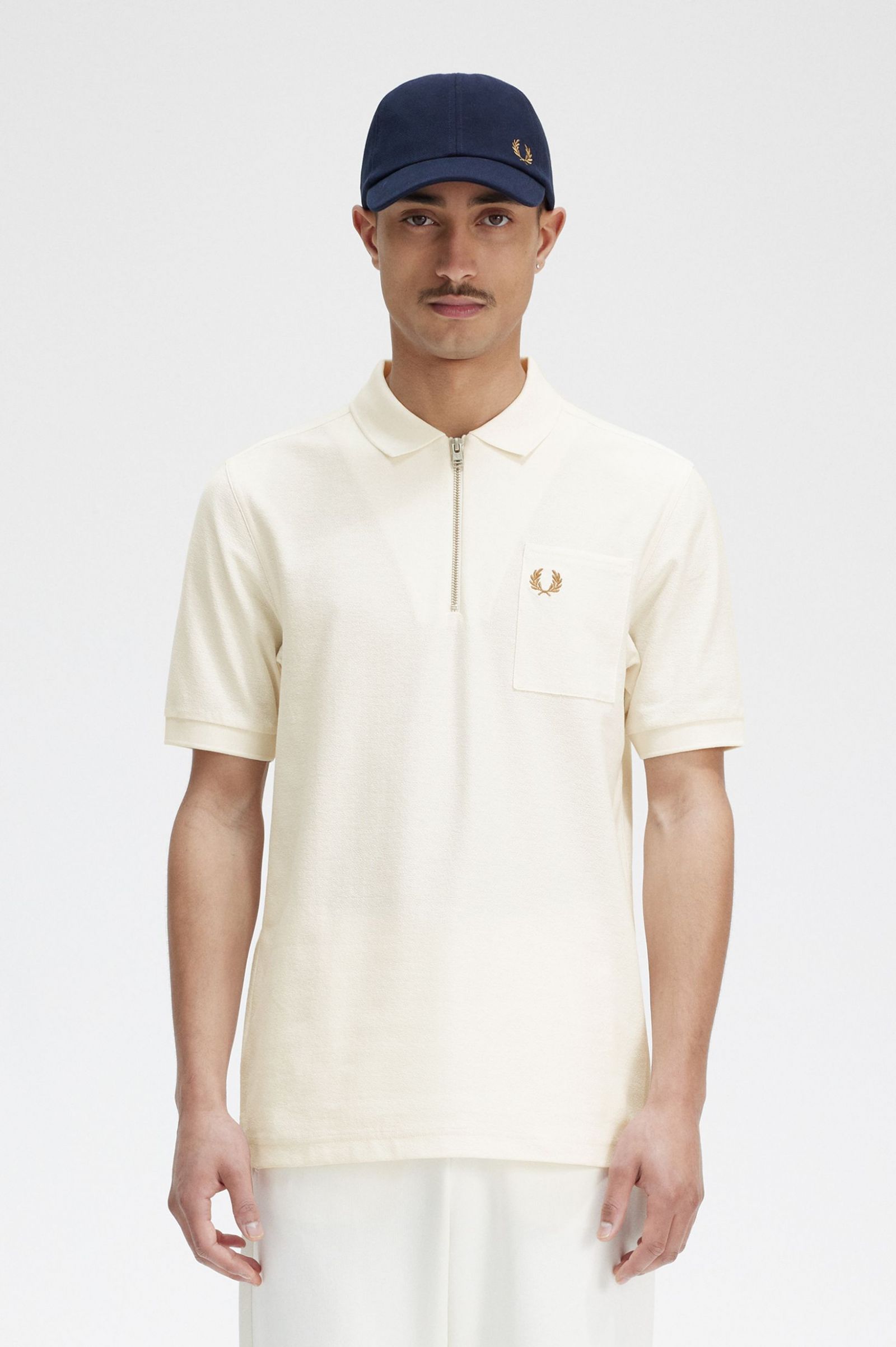 Textured Zip Neck Polo Shirt Ecru 7038565
