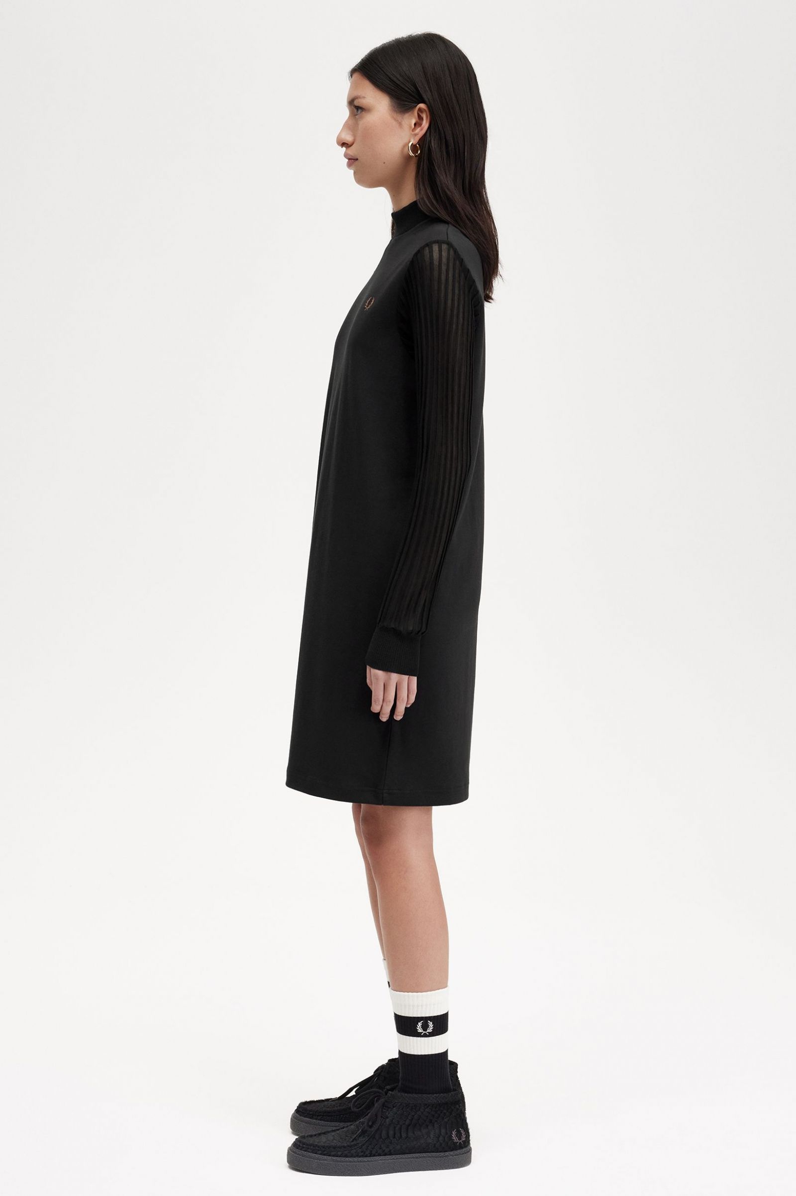 Sheer Sleeve Mock Neck Dress Black 7039307