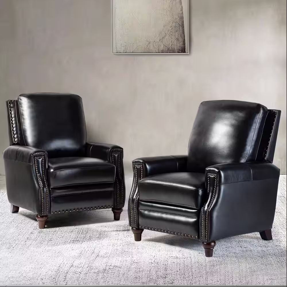 JAYDEN CREATION Theresa Comfy Black Manual 3-Position Cigar Genuine Leather Recliner with Nailhead Trim and Solid Wooden Legs Set of 2