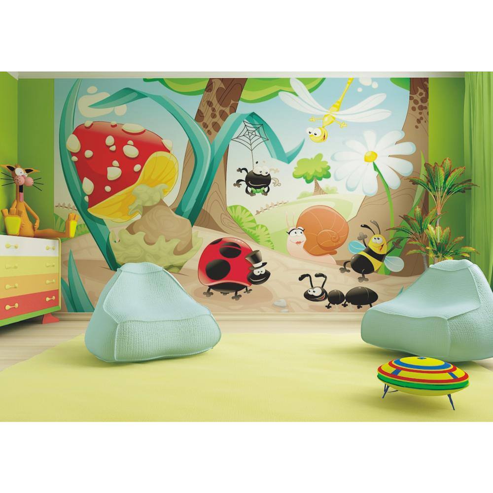 Dundee Deco Cartoon Forest Life Ladybug Spider Dragonfly Snail Ant Bee Mushroom Non-Woven Wall Mural