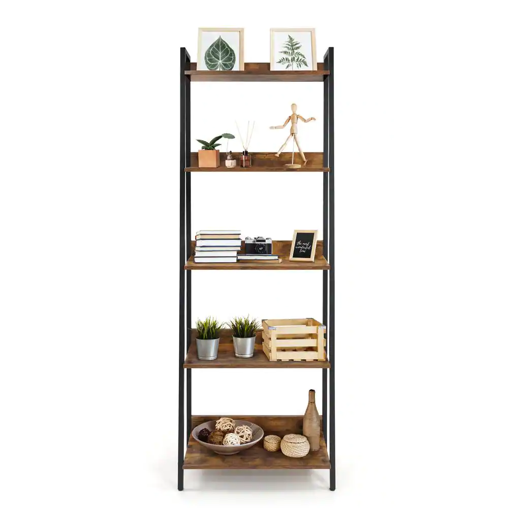 None 67 in. Rustic Oak Bookcase Shelf Organizer, 24 in. W 5 Tier Ladder Bookshelf for Home Office, Living Room and Kitchen