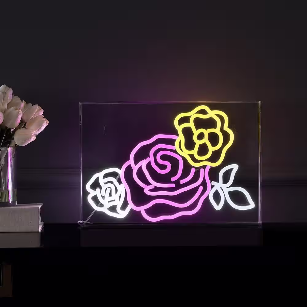 JONATHAN Y Crowd Of Roses 15 in. x 10.3 in. Contemporary Glam Acrylic Box USB Operated LED Neon Night Light, Pink/White/Yellow