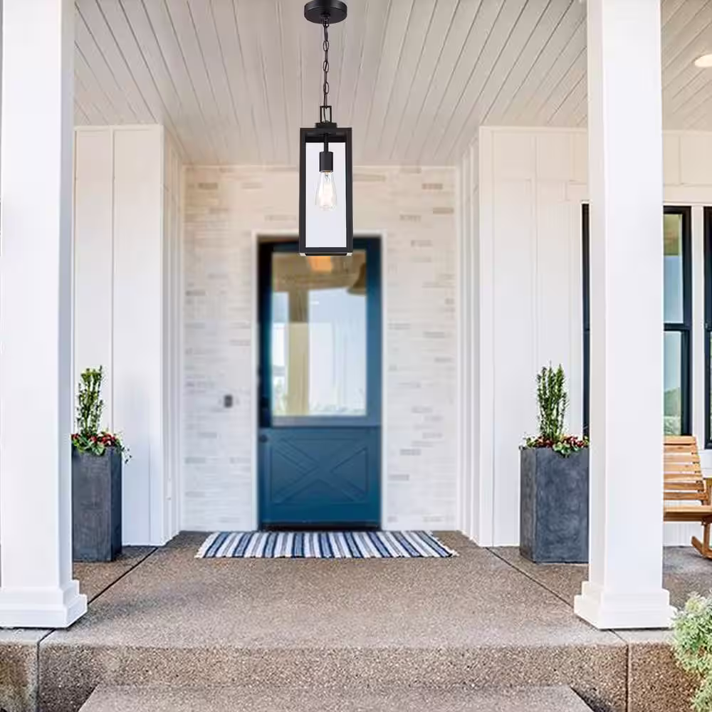 Hukoro 17 in. H 1-Light Matte Black Outdoor Hanging Lantern Pendant