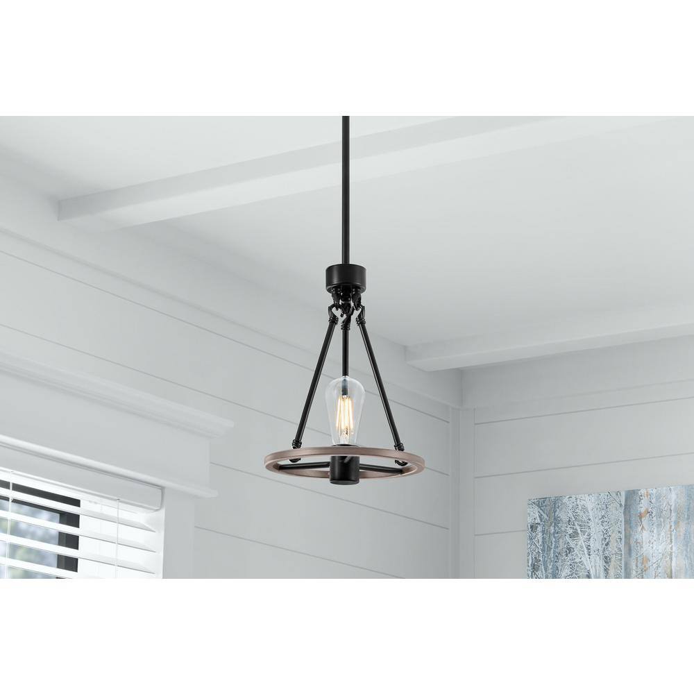 Hampton Bay Stratton 1-Light Black and Woodgrain Mini Pendant, Industrial Farmhouse Hanging Light, Kitchen Pendant Lighting