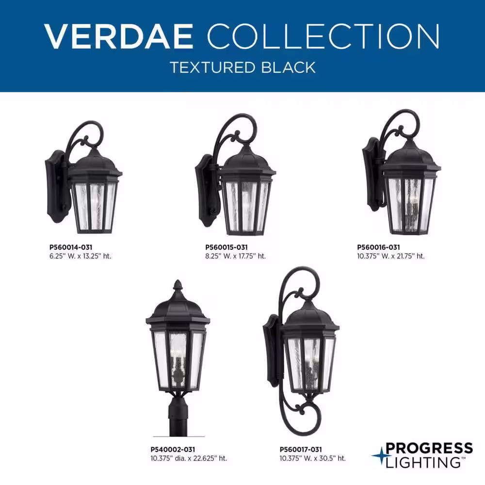 Progress Lighting Verdae Collection 3-Light Textured Black Clear Seeded Glass New Traditional Outdoor Large Wall Lantern Light