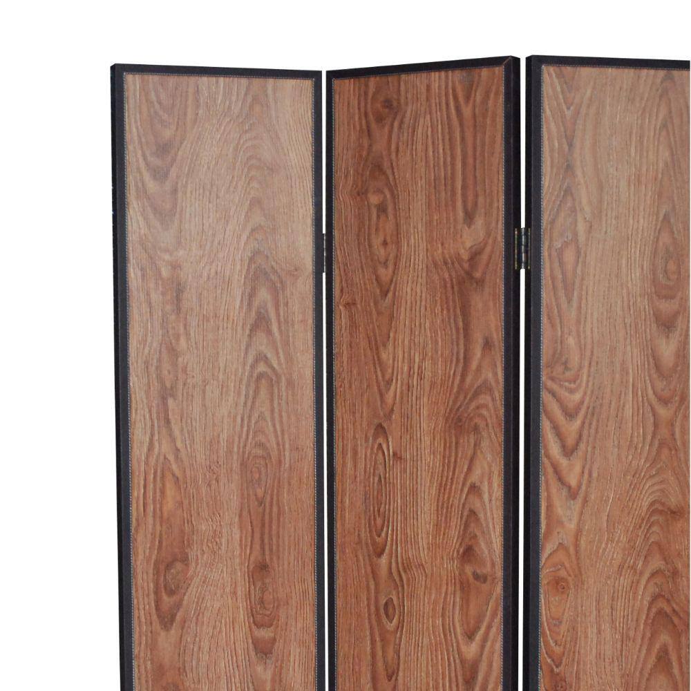 Benjara 3 Panel Brown Foldable Wooden Screen with Grain Details
