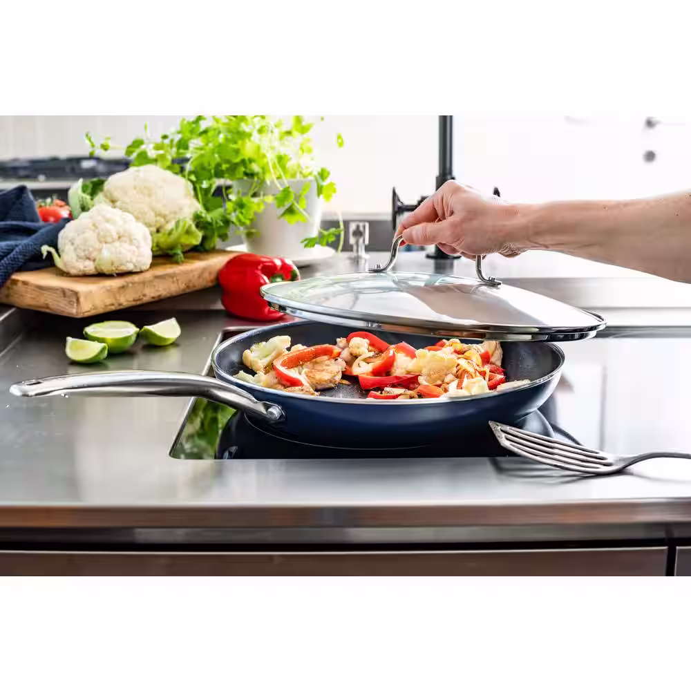 Blue Diamond 12 in. Aluminum Ceramic Nonstick Frying Pan in Blue with Glass Lid