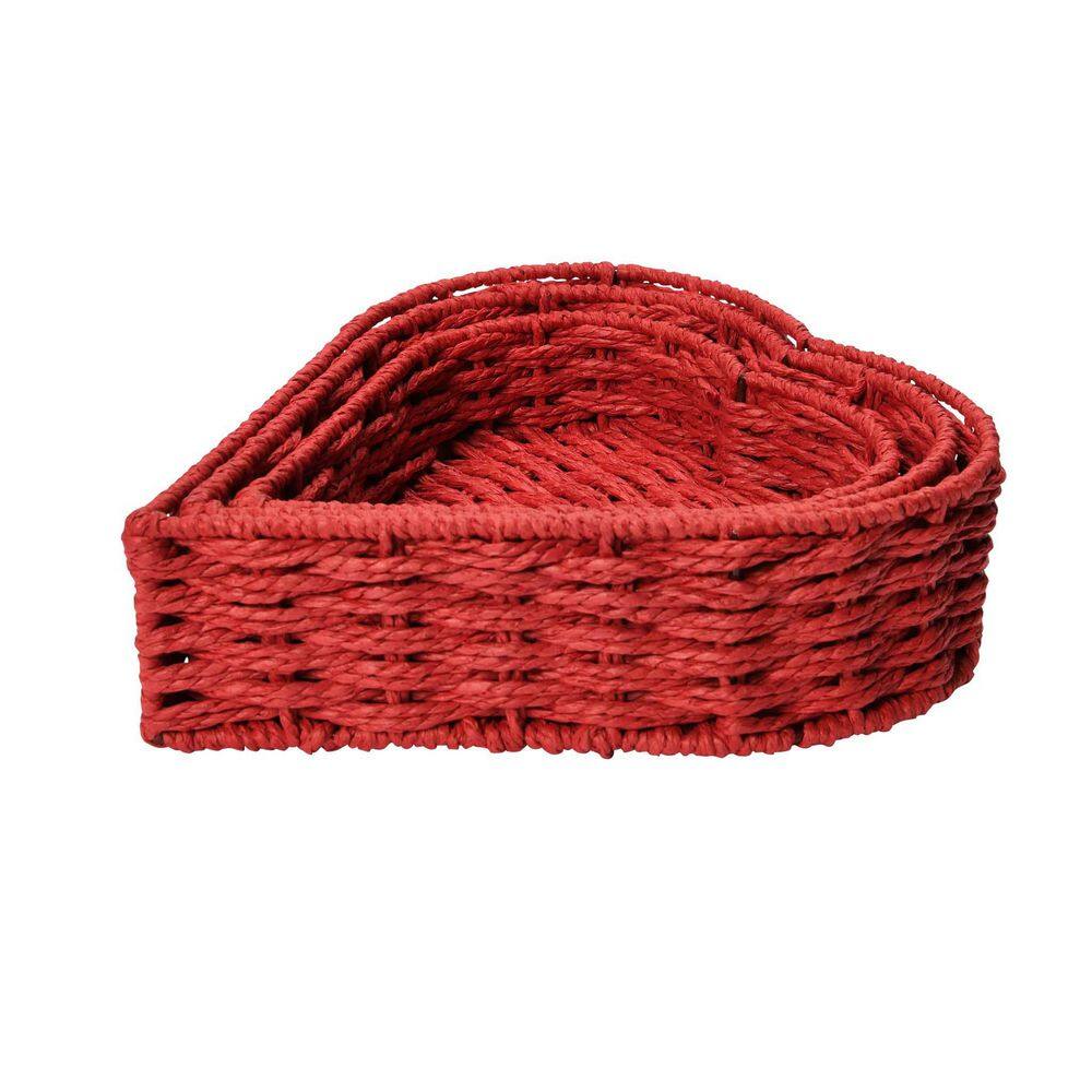 HOUSEHOLD ESSENTIALS Red Heart Shaped Hand-Woven Paper Rope Nesting Decorative Baskets (Set of 3)