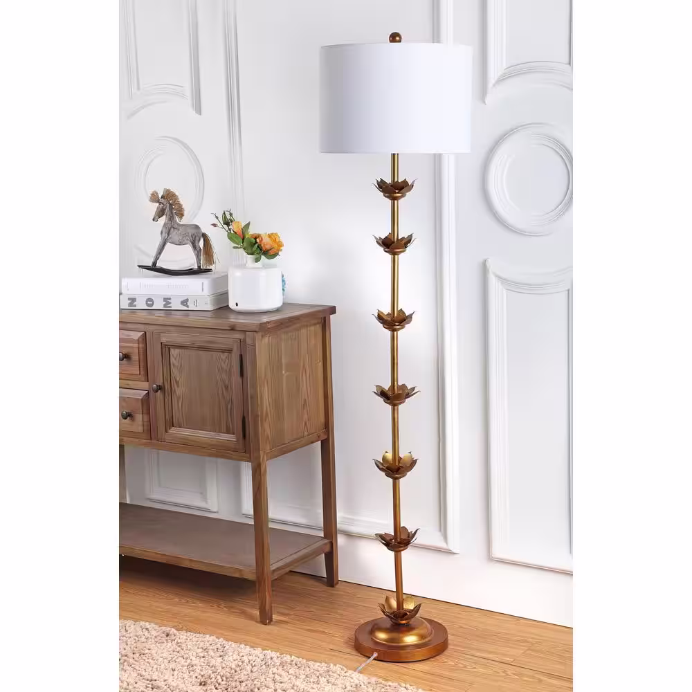 SAFAVIEH Landen Leaf 63.5 in. Antique Gold Floor Lamp with Off-White Shade