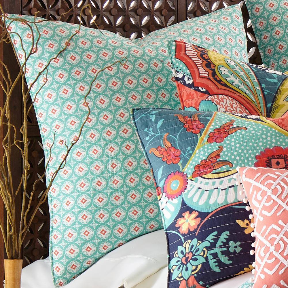 None Jules Teal, Cream and Orange Medallion Quilted Cotton 26 in. x 26 in. Euro Sham (Set of 2)