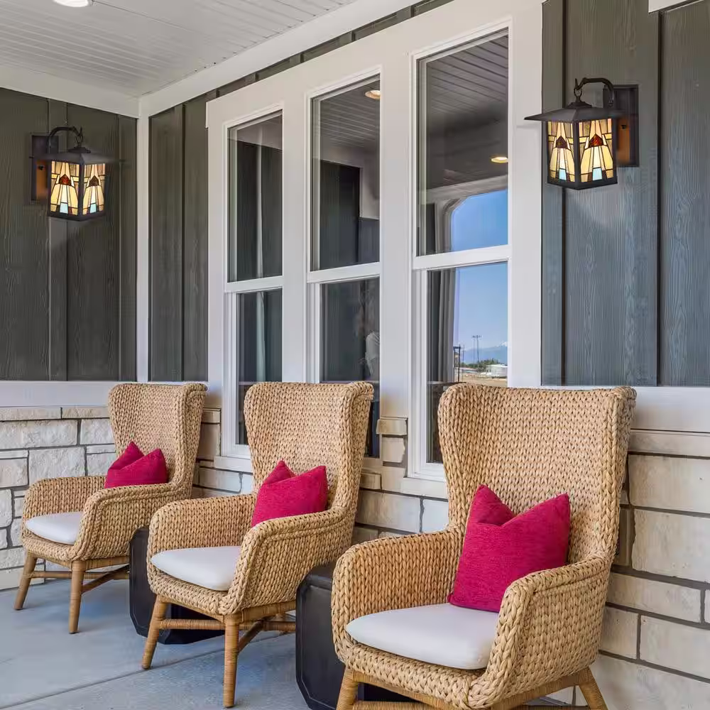 River of Goods Mission 1-Light Oil Rubbed Bronze Hardwired Outdoor Wall Lantern Sconce with Rich Brown Stained Glass