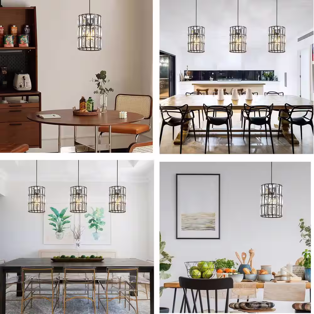 SILJOY 6 in. 1-Light Mini Black Crystal Pendant, Modern Semic-Flush Mount Pendant Ceiling Light for Kitchen Island