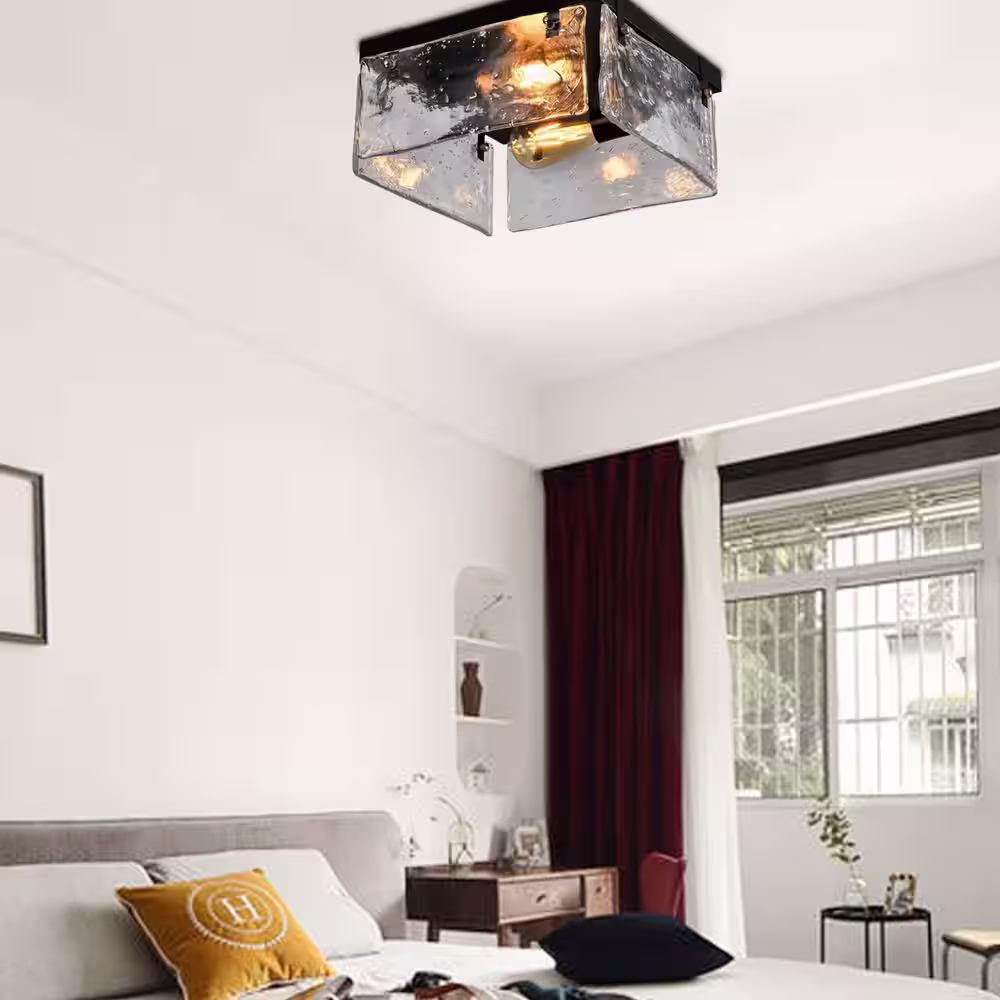 Maxax Raleigh 2-Light 11.81 in. Black Flush Mount with Water Glass Shade