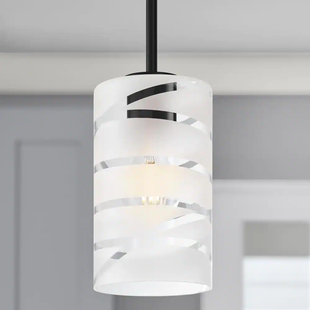 None 2-1/4 in. Fitter Handblown Etched White and Clear Glass Cylinder Pendant Lamp Shade