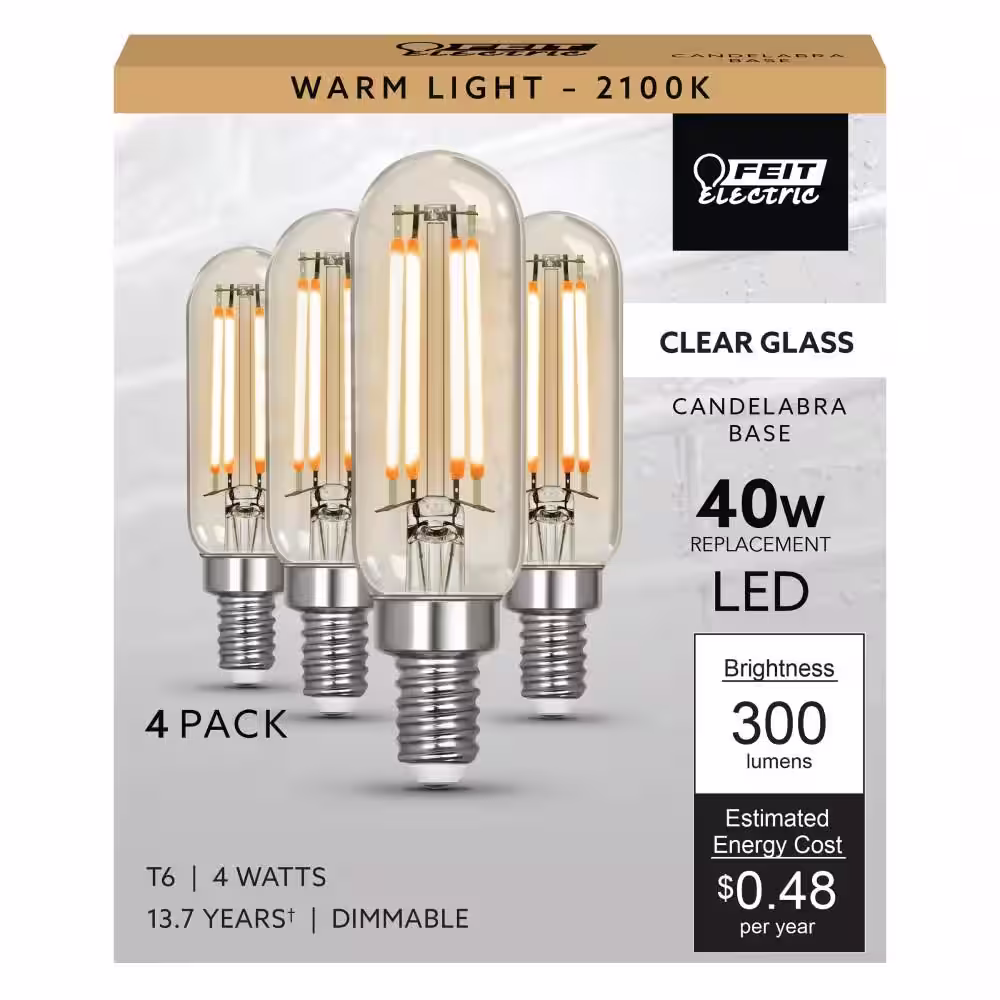 Feit Electric 40-Watt Equivalent T6 Dimmable Straight Filament Clear Glass E12 Candelabra Edison LED Light Bulb, Warm White (4-Pack)
