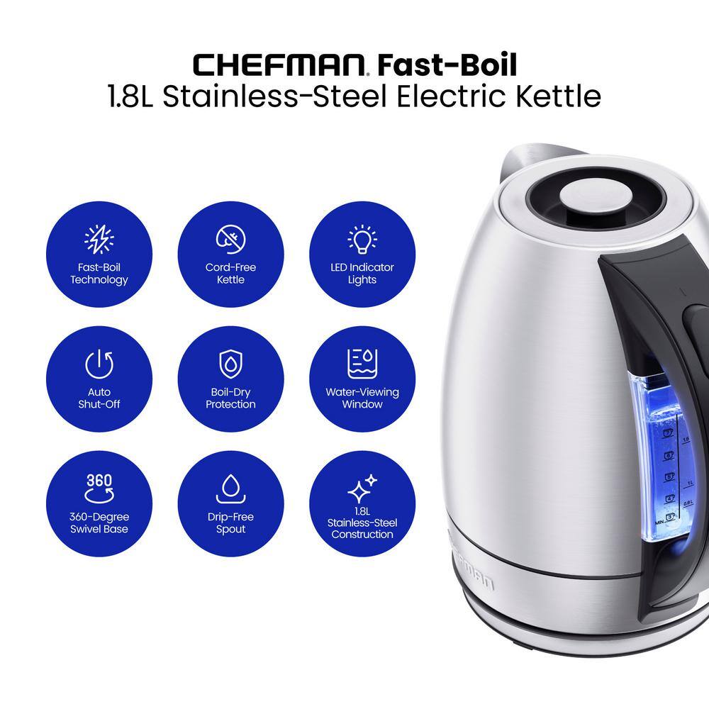 Chefman 1.7 Liter Stainless Steel Electric Tea Kettle Water Boiler with Automatic Shutoff Hot Water Electric Kettles