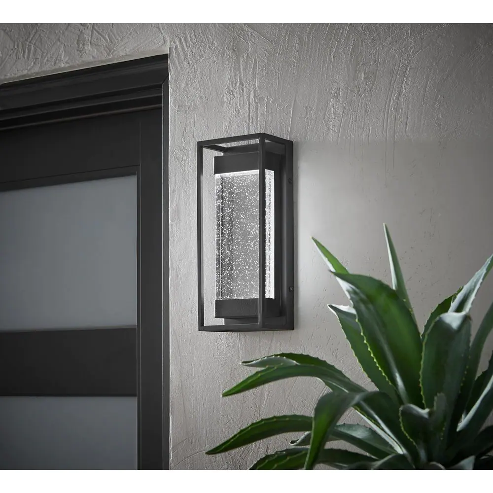 Hampton Bay Lindley Modern 1-Light Matte Black Hardwired LED Outdoor Wall Lantern Sconce with Bubble Double Frame (1-Pack)