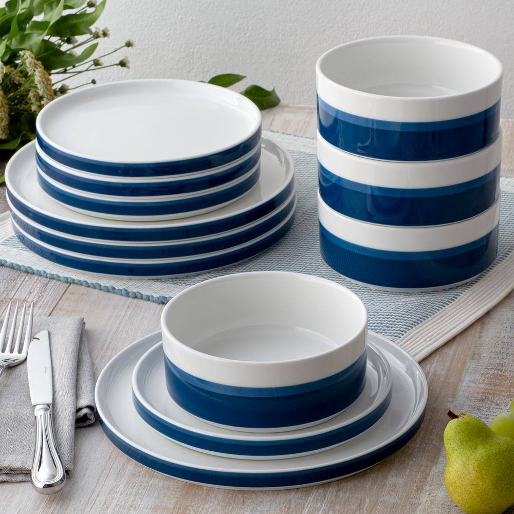 Noritake ColorStax Stripe Blue Porcelain Stax 12-Piece Dinnerware Set Service for 4