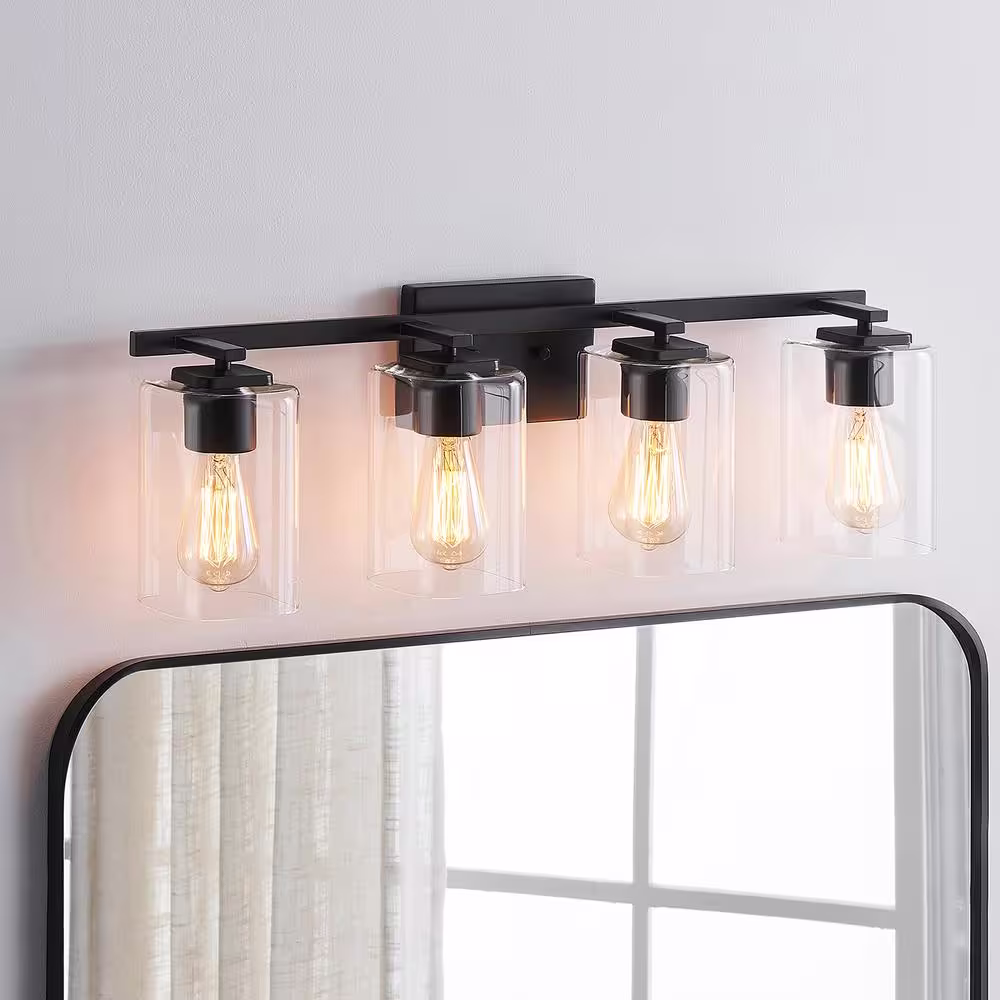 KAWOTI 29 in. 4-Light Black Bathroom Vanity Light with Rectangle Glass Shades