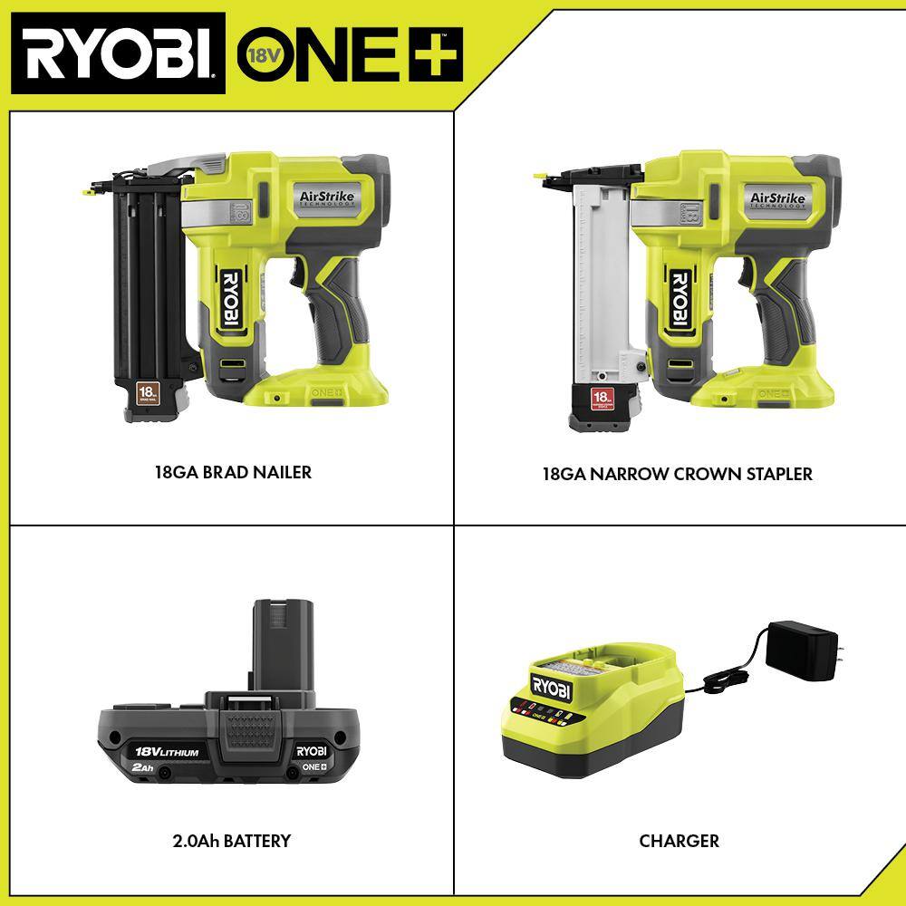 RYOBI ONE+ 18V Cordless 18-Gauge Brad Nailer with 18-Gauge Narrow Crown Stapler, 2.0 Ah Battery, and Charger