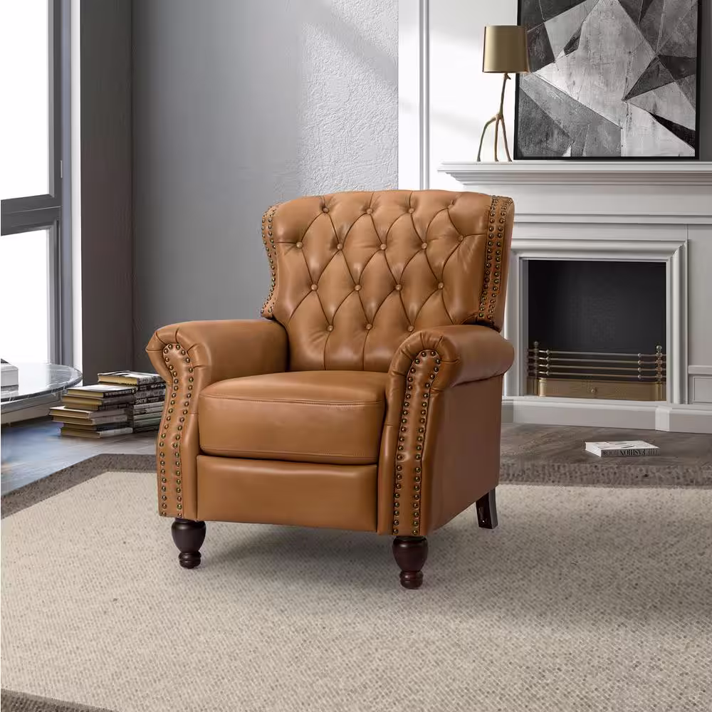 JAYDEN CREATION Isabel Camel Genuine Leather Recliner with Tufted Back and Rolled Arms