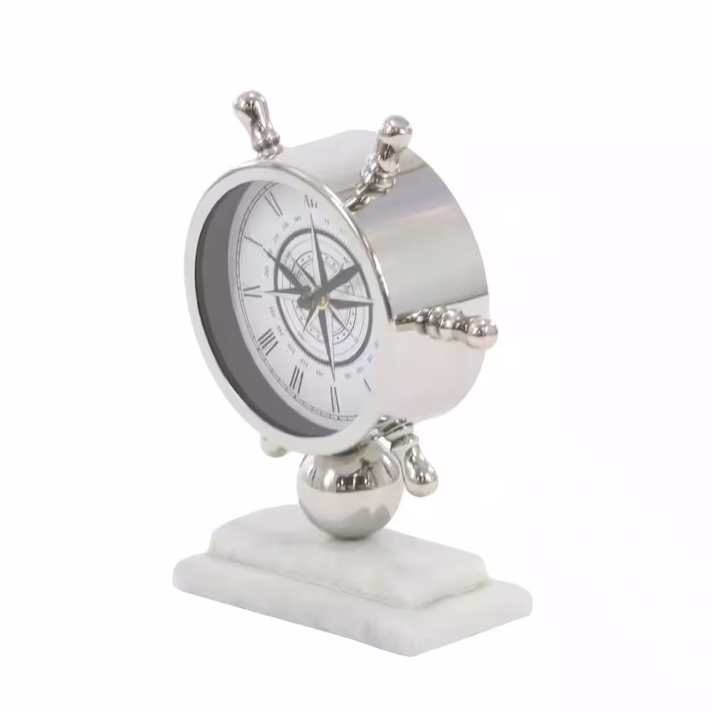 Litton Lane Silver Stainless Steel Ship Wheel Analog Clock with Marble Base