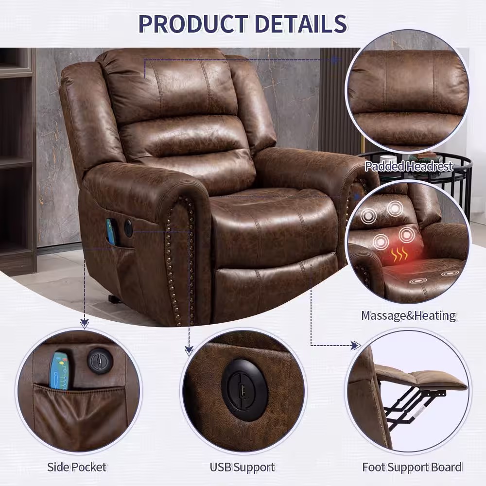 aisword Deluxe Antique Brown Faux Leather Lift Recliner Sofa Chair (Up to 330lbs) with Massage, Heating and Nailhead Trim