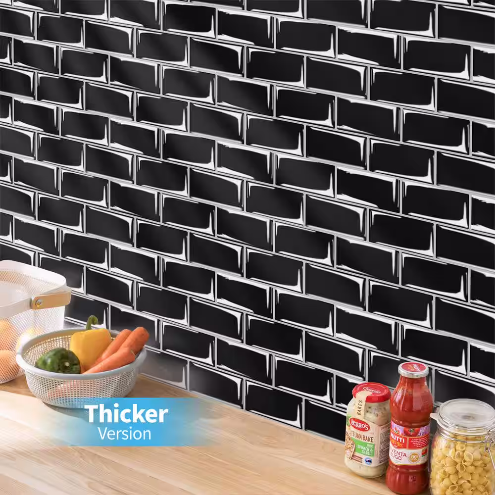 Art3d Metro 12 in. x 12 in. Glossy Black Vinyl Peel and Stick Backsplash Tile (10 sq.ft./pack)