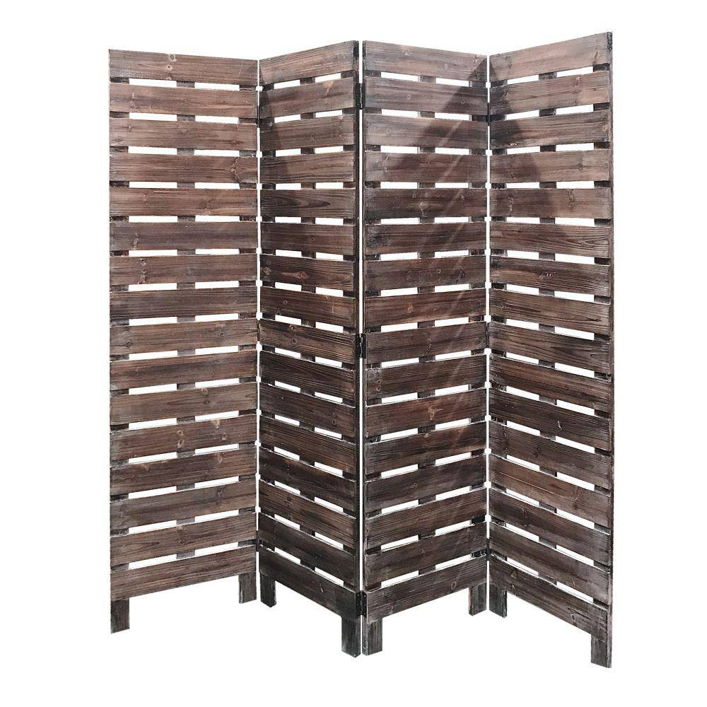 Benjara Brown 4-Panel Wooden Room Divider with Horizontal Planks