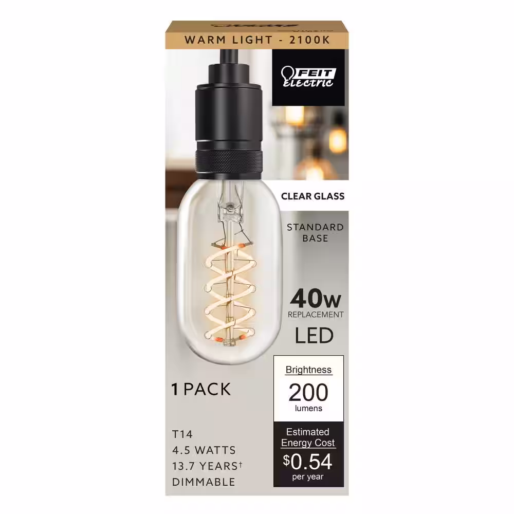 Feit Electric 40-Watt Equivalent T14 Dimmable Spiral Filament Clear Glass E26 Vintage Edison LED Light Bulb, Warm White