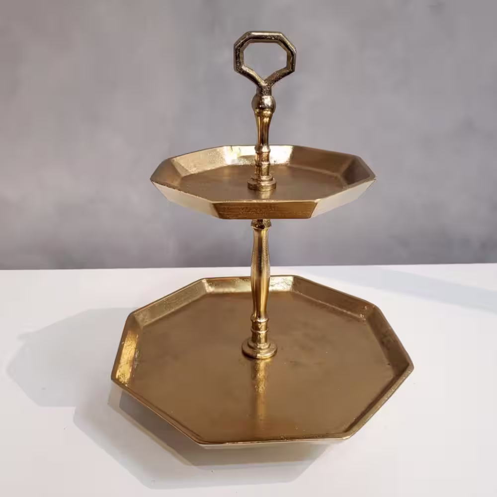 HomeRoots 14 in. Gold Vintage Look Octagonal Gold Two Tier Server