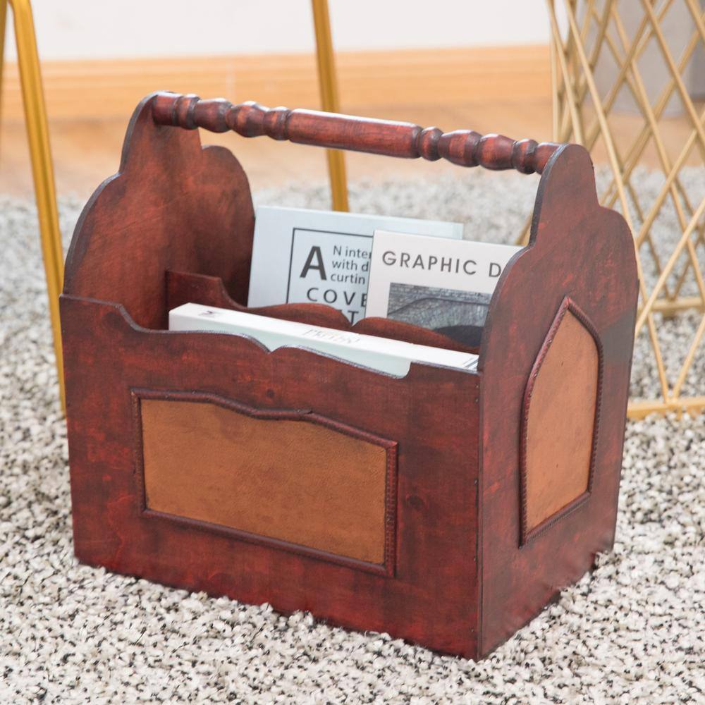 Vintiquewise 13.4 in. x 9.4 in. x 13.8 in. Handcrafted Decorative Wooden Magazine Rack with Handle