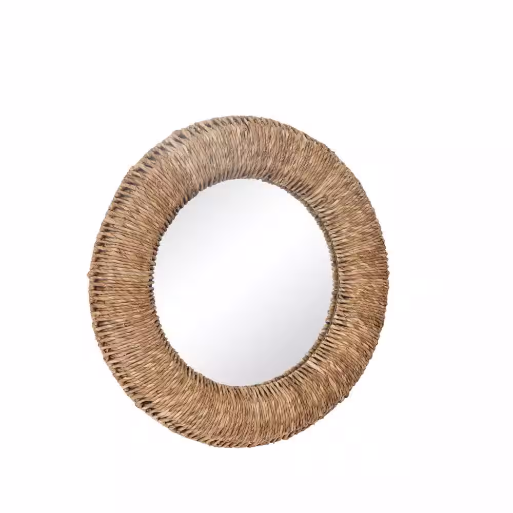 Litton Lane 37 in. x 37 in. Coiled Weaved Frame Round Framed Brown Wall Mirror