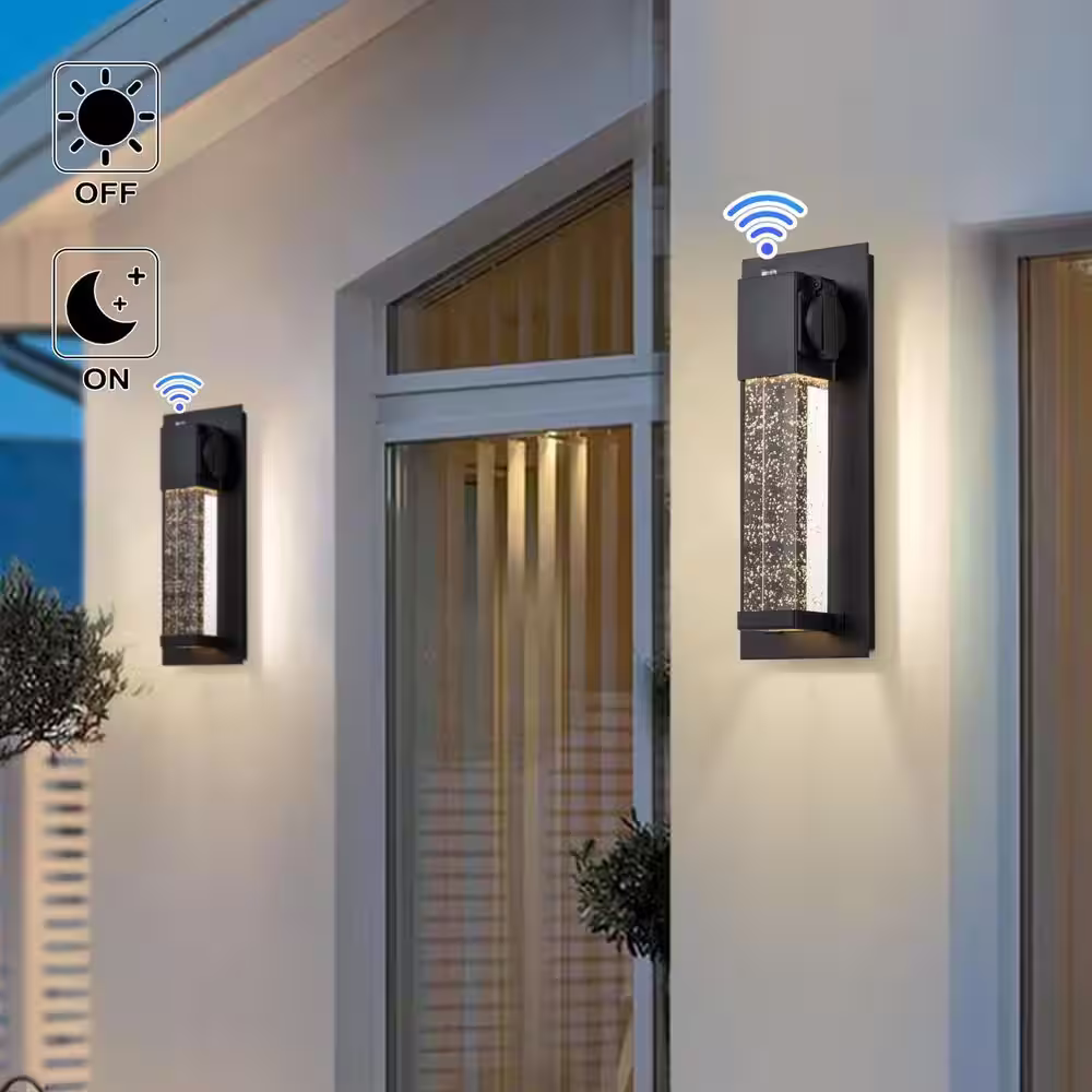 None Matte Black Dusk to Dawn LED Outdoor Wall Light with Outlet and Clear Bubble Glass(2-Pack)