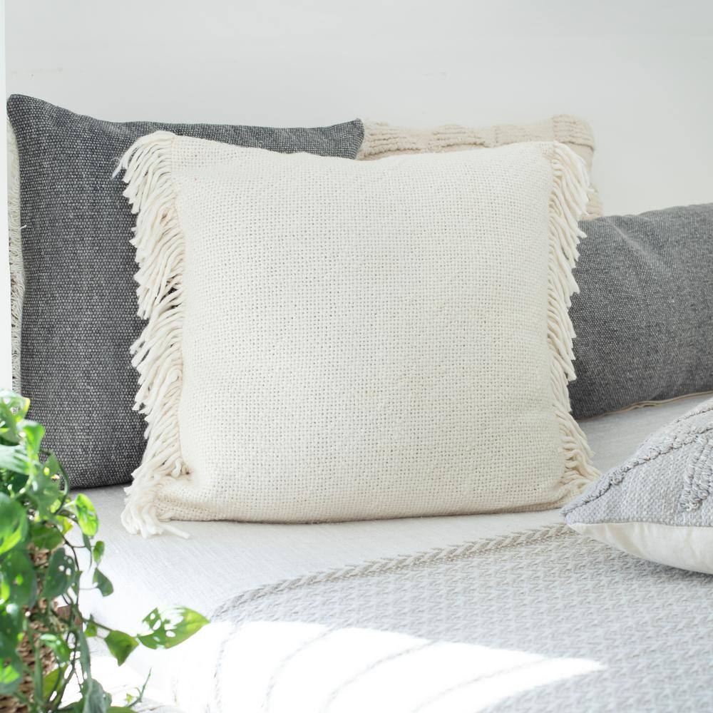 LR Home Vintage Ivory Woven Fringed Solid Soft Poly-fill 20 in. x 20 in. Throw Pillow