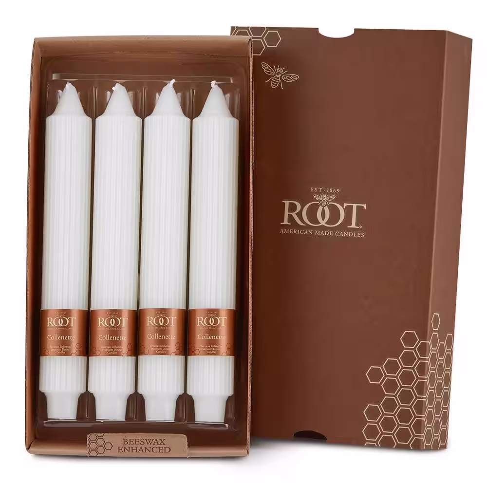 ROOT CANDLES Grecian Collenette 9 in. White Unscented Taper Candle (Set of 4)
