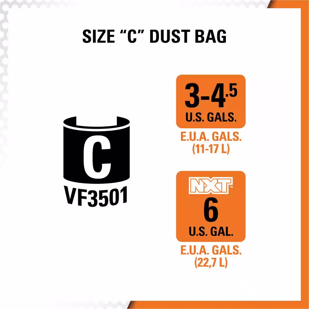 RIDGID High-Eff. Wet/Dry Vac Dry Pick-up Only Dust Bags for 3 to 4.5 Gallon and HD06001 RIDGID Shop Vacuums, Size C (12-Pack)