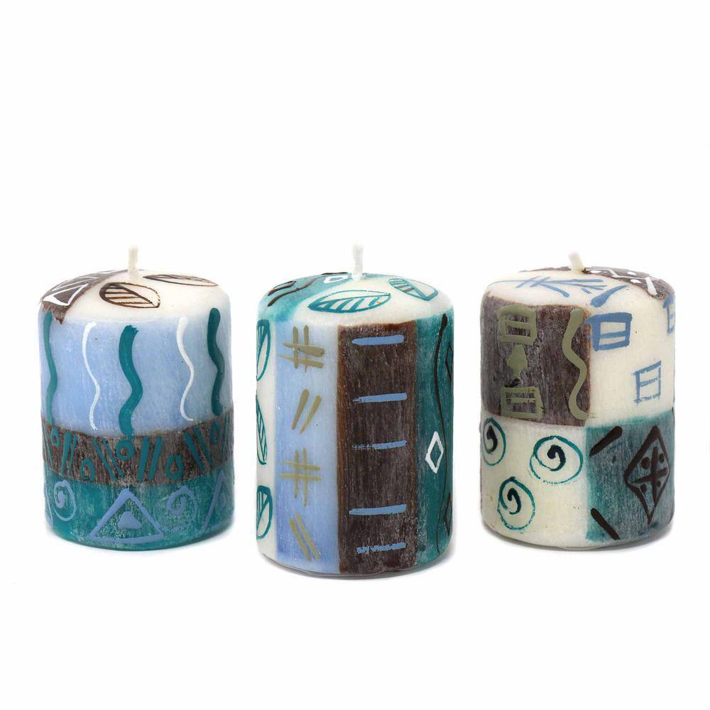 None Unscented Hand-Painted Blue Votive Candle Boxed Maji Design (Set of 3)