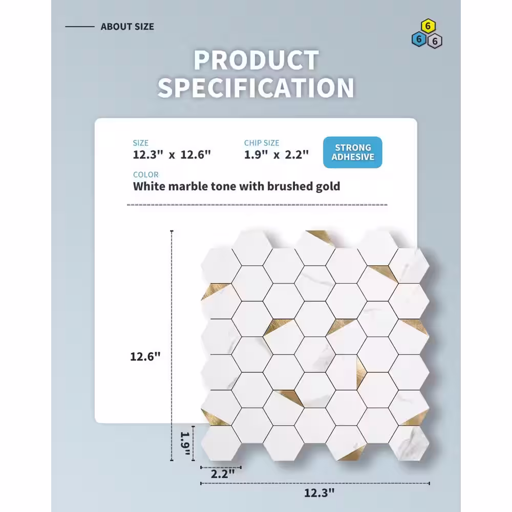 Art3d Hexagon Mosaic Tiles Gold Studded Design 12.5 in. x 12.1 in. PVC Peel and Stick Tile Backsplash (10 sq. ft./Pack)