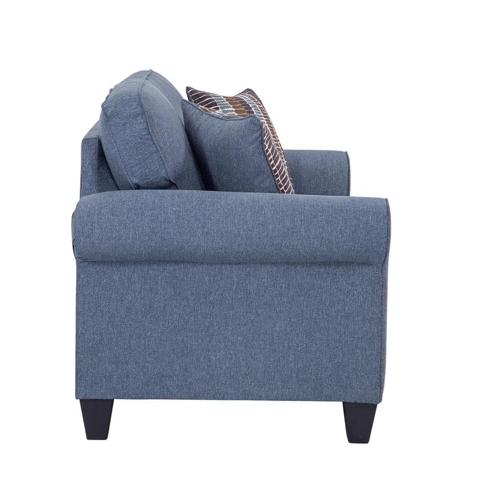 American Furniture Classics Indigo Series 82 in. Wide Rolled Arm Fabric Straight Sofa with 2 Accent Pillows in Indigo Blue