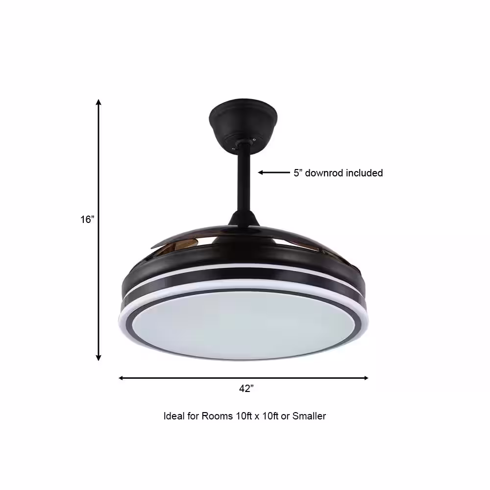 Bella Depot 42 in. LED Black Retractable Ceiling Fan with Light and Remote Control