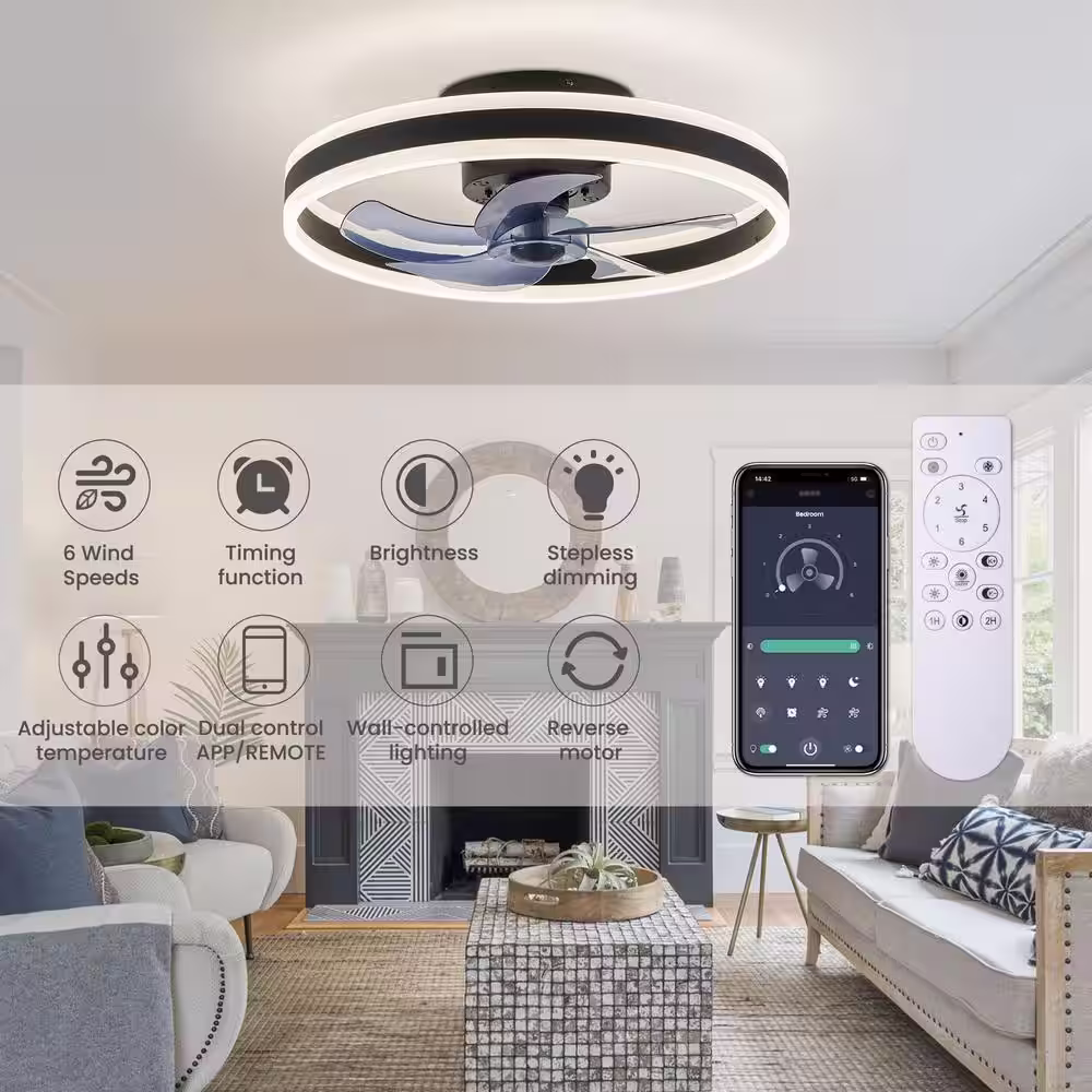 None 20 in. LED Modern Indoor Black Dimmable Flush Mount Hidden Blades Ceiling Fan with Light Remote APP Control for Bedroom