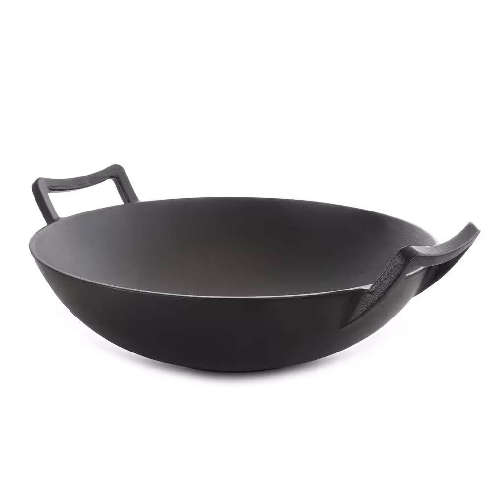 MegaChef 14 in. Heavy Duty Cast Iron Wok with Wood Lid
