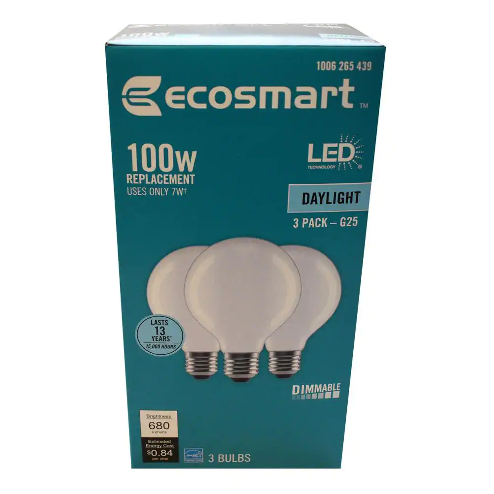 EcoSmart 100-Watt Equivalent G25 Dimmable Globe Frosted Glass Filament LED Vintage Edison Light Bulb Daylight (3-Pack)