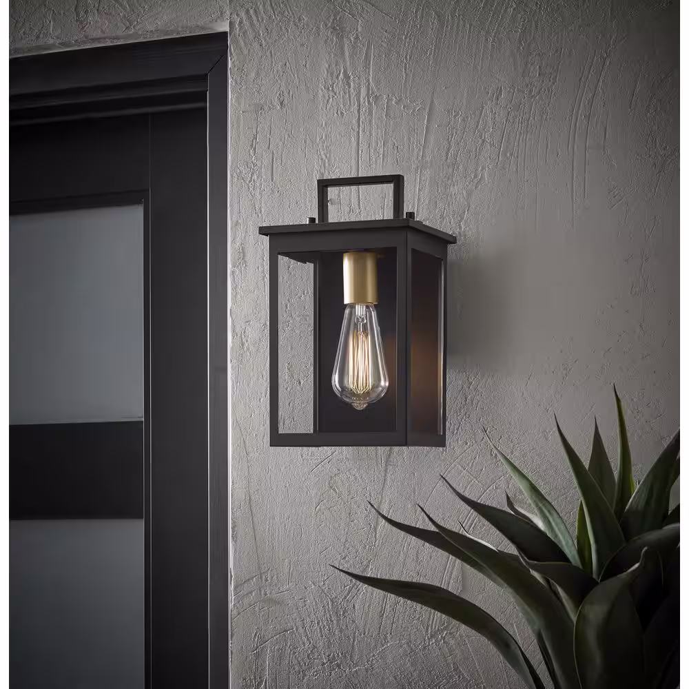 None Autumnhill 16 in. Matte Black with Gold Accents 1-Light Outdoor Line Voltage Wall Sconce with No Bulb Included