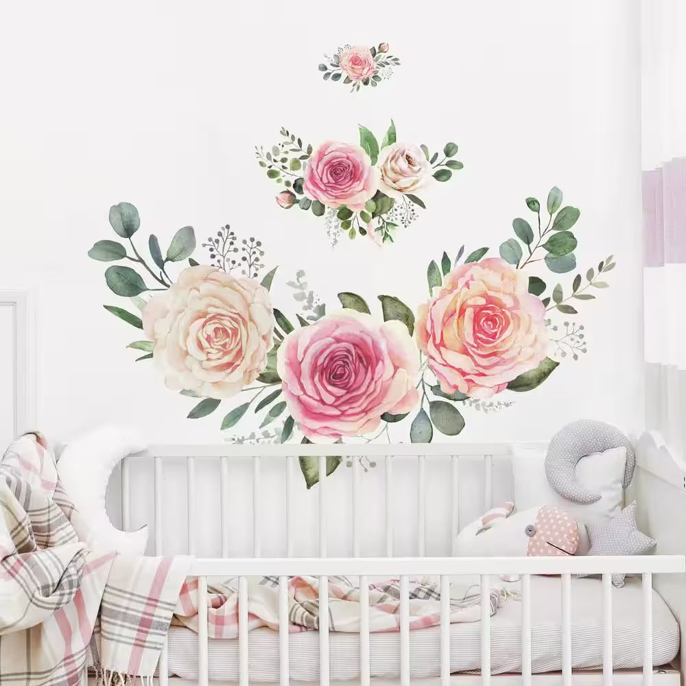 RoomMates Pink Roses Peel And Stick Giant Wall Decals