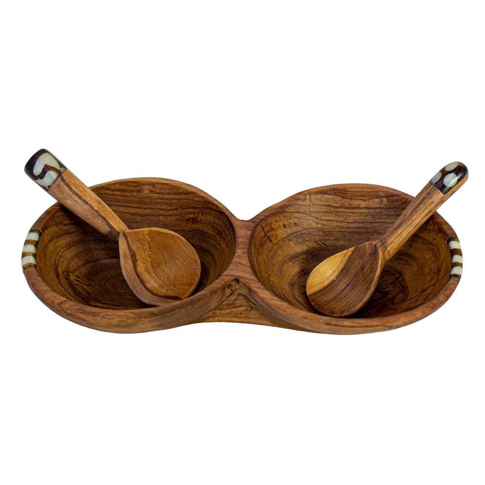 Global Crafts Rustic Olive Brown Tray with Two Teardrop Scoops