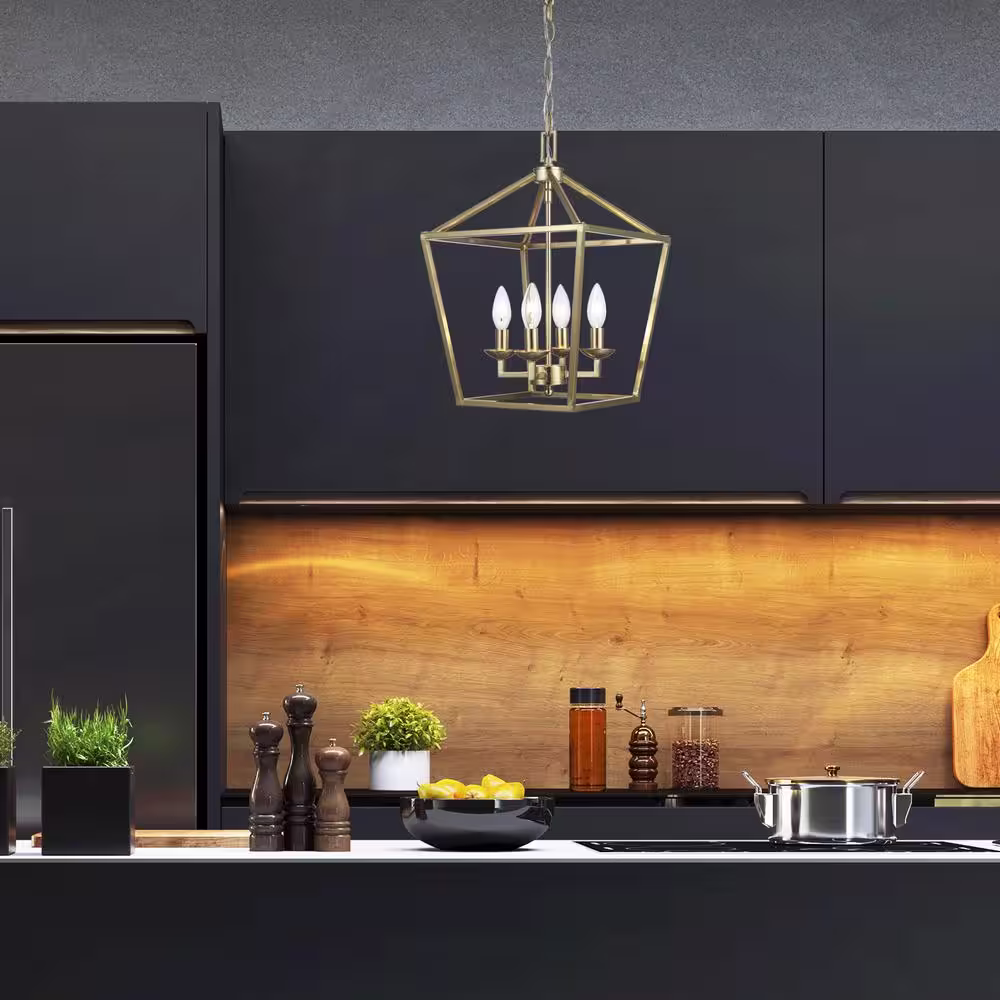 Monteaux Lighting Weyburn 4-Light Gold Farmhouse Chandelier Light Fixture with Caged Metal Shade